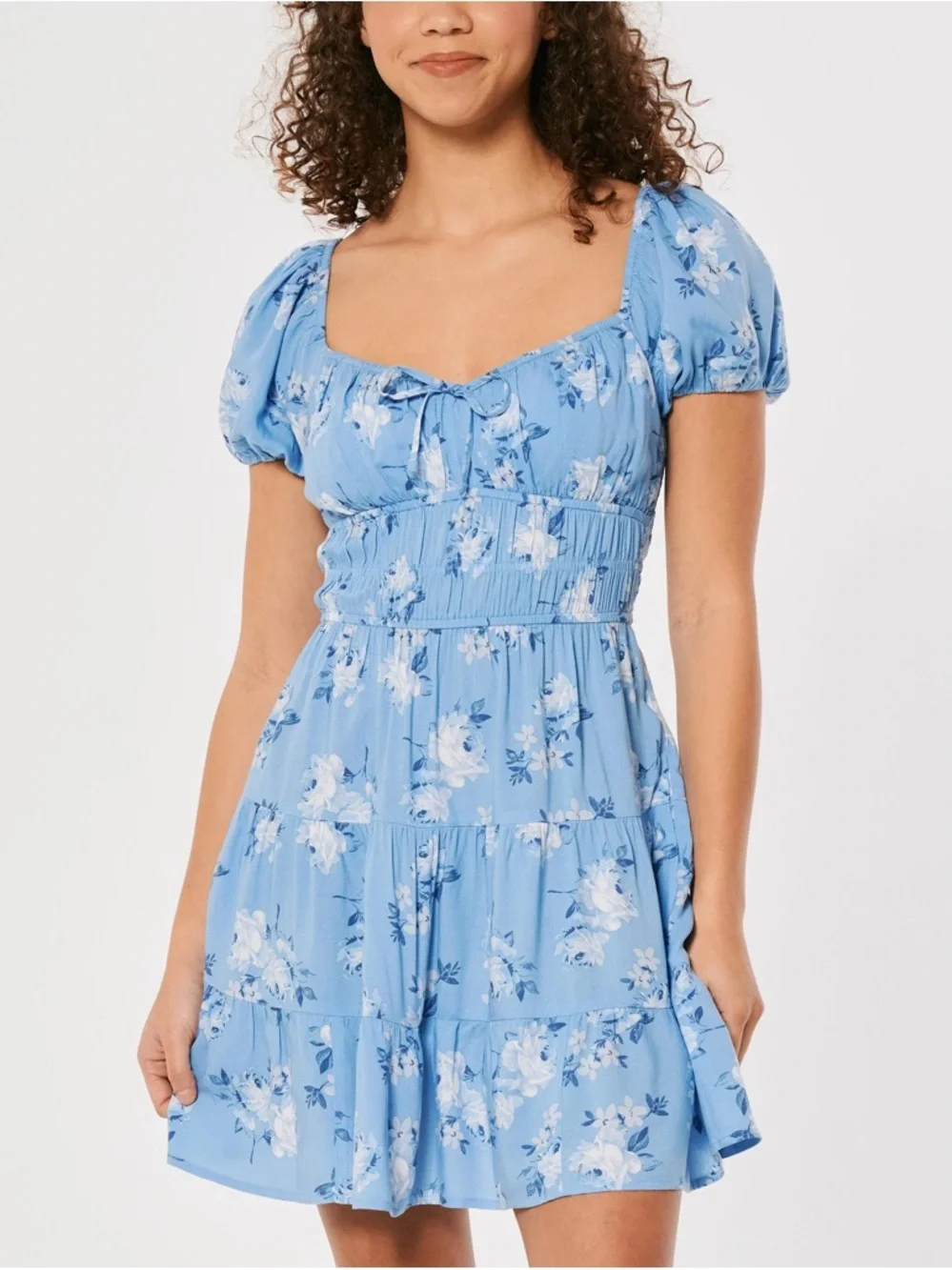 Hollister Light Blue Floral Square-Neck Mini Dress - Picture 1 of 3